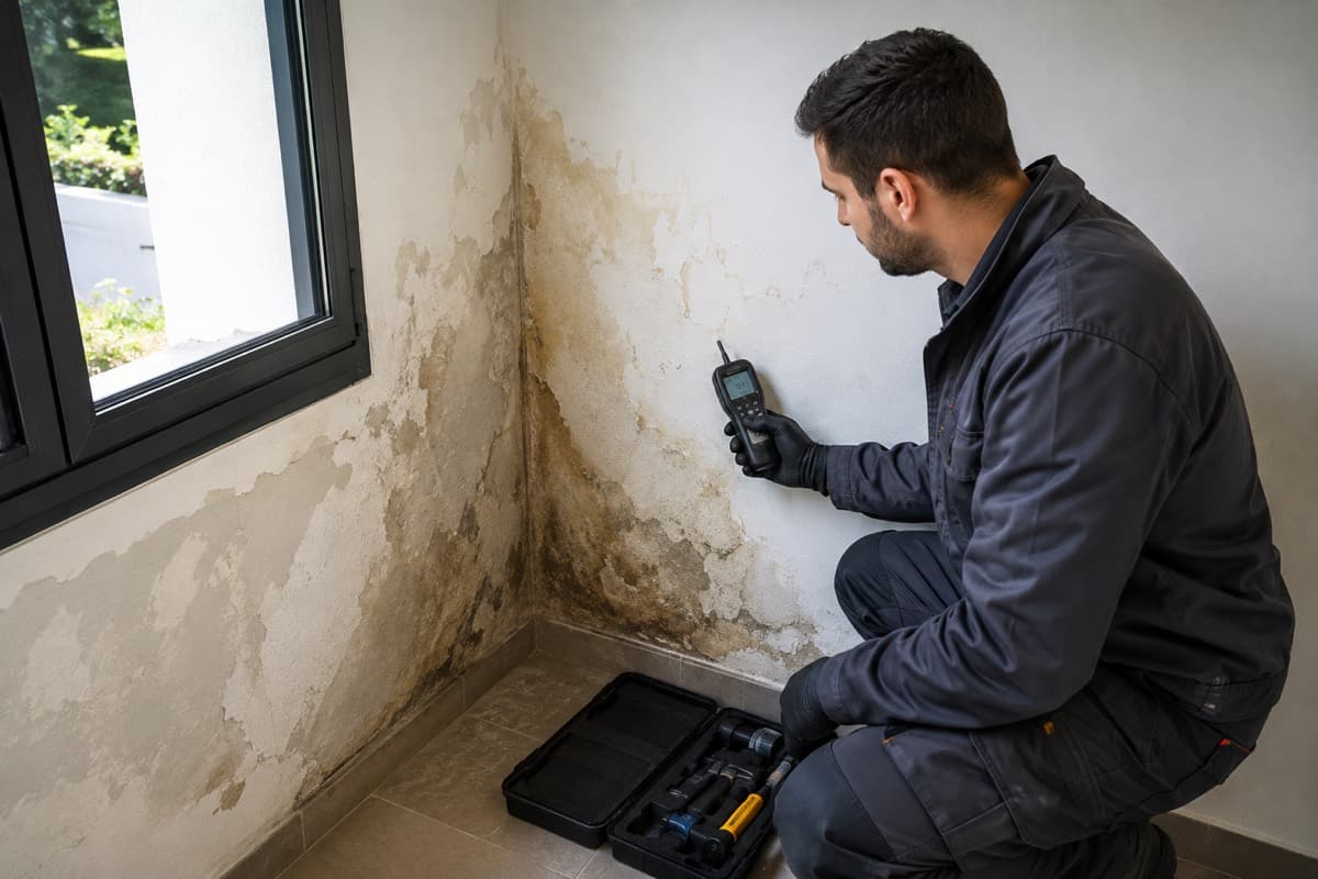 Técnico Nexo Services a inspecionar humidade numa parede